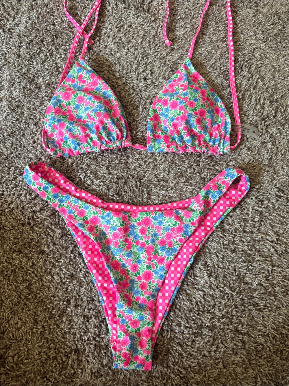 Reversible Pink/Blue Floral Triangle Bikini Set - Size M - NWOT